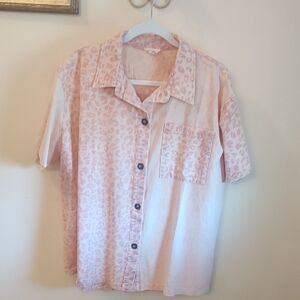 BiBi Pink Short Sleeve Button-Up with Subtle Animal Print